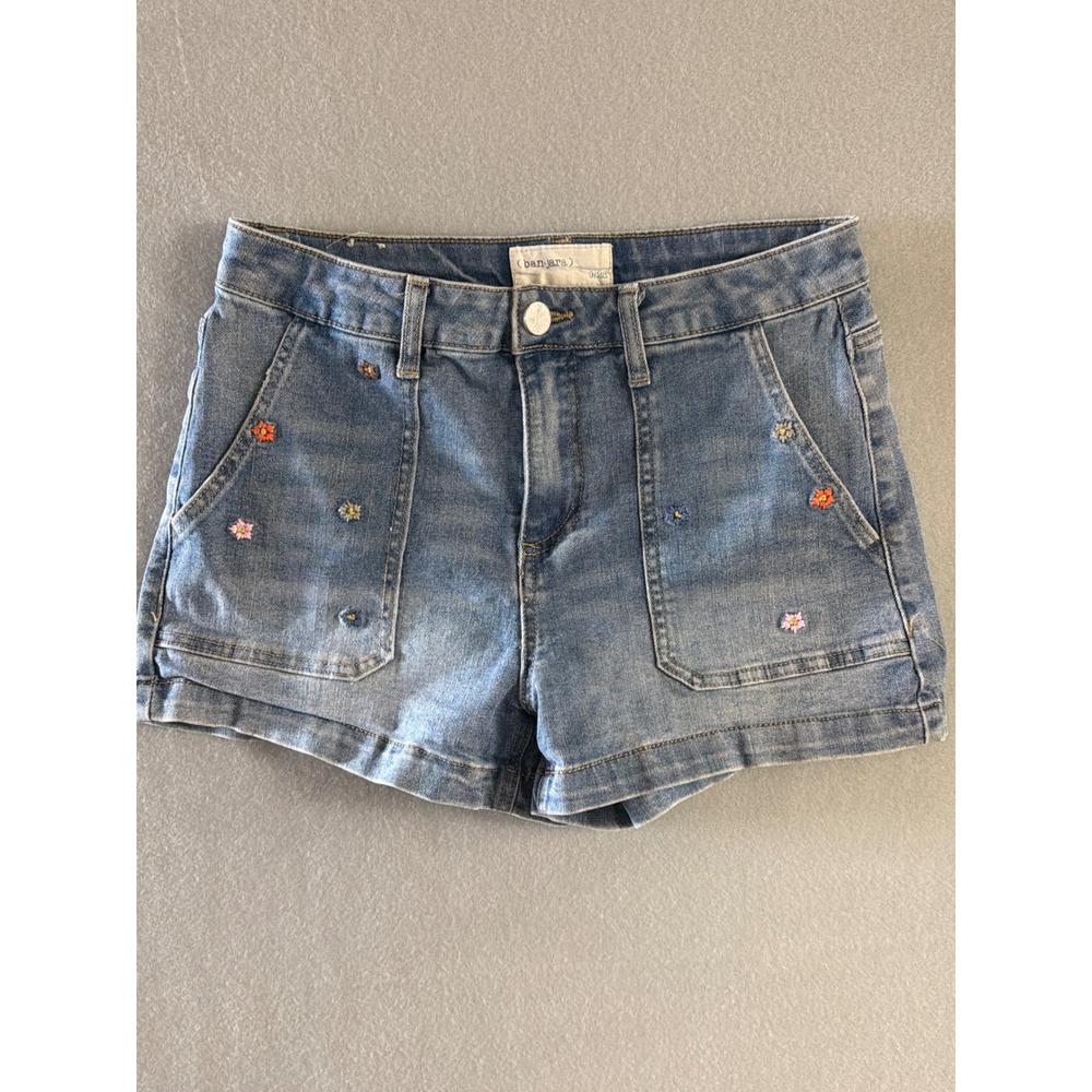 Banjara Womens 9/28 Denim Shorts Blue Excellent Floral Embroidered Distressed
